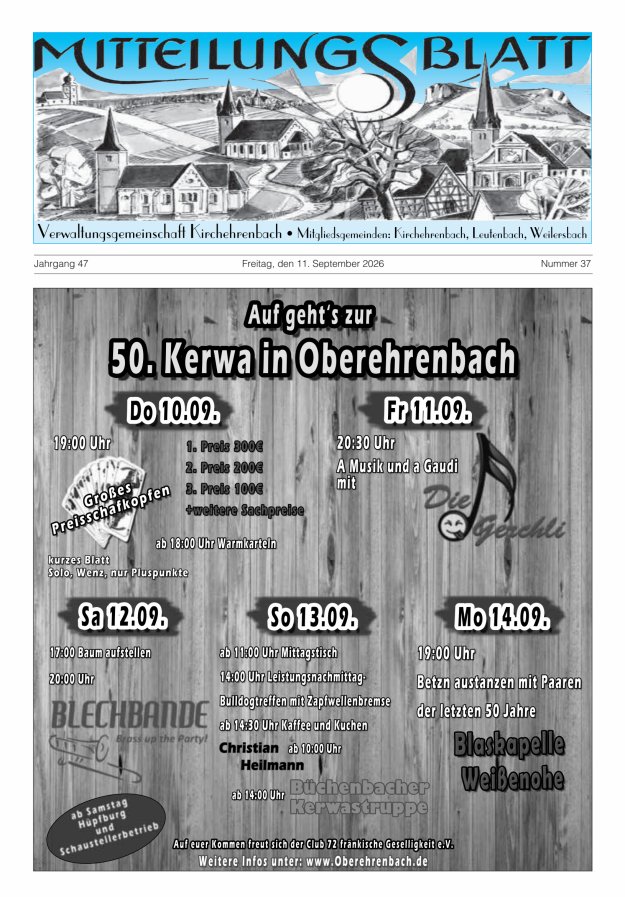 Mitteilungsblatt Verwaltungsgemeinschaft Kirchehrenbach Titelblatt 37/2026