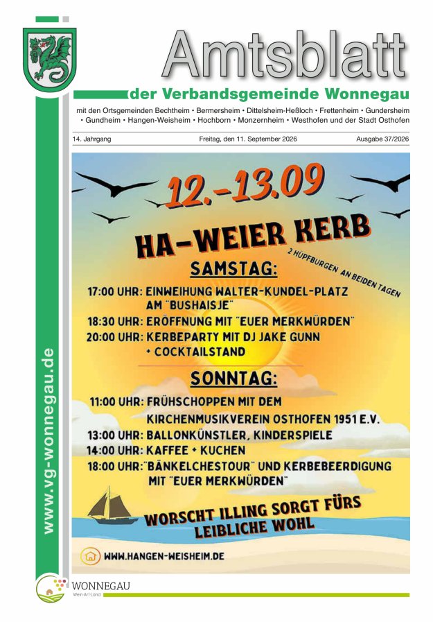 Amtsblatt VG Wonnegau Titelblatt 37/2026