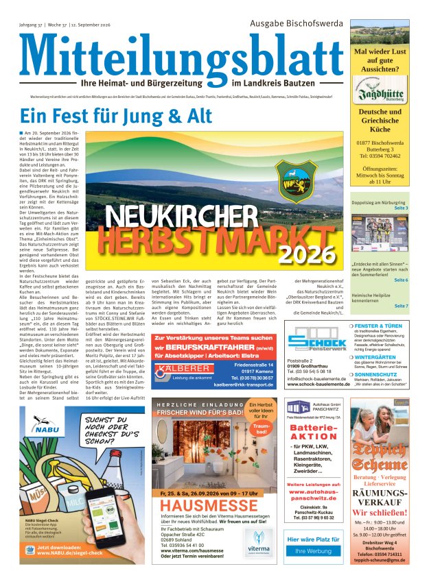 Mitteilungsblatt LK Bautzen Ausgabe Bischofswerda Titelblatt 36/2026