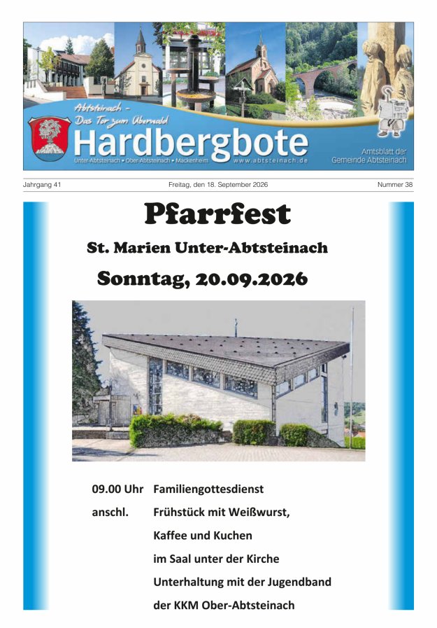Hardbergbote - Mitteilungsblatt der Gemeinde Abtsteinach Titelblatt 38/2026