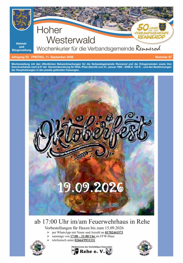 Hoher Westerwald - Wochenkurier für die Verbandsgemeinde Rennerod Titelblatt 37/2026