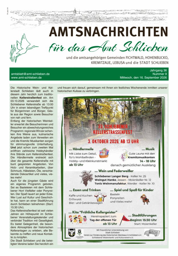 Amtsnachrichten – Amtsblatt für das Amt Schlieben und die amtsangehörigen Gemeinden Titelblatt 09/2026