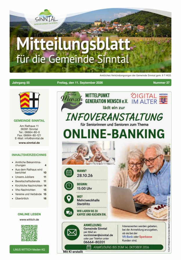 Mitteilungsblatt für die Gemeinde Sinntal Titelblatt 37/2026