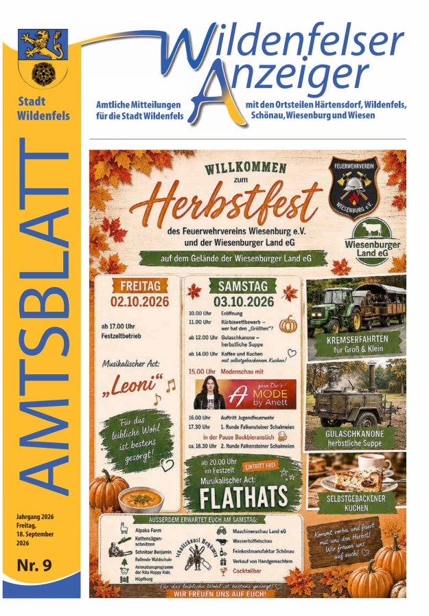 Wildenfelser Anzeiger Titelblatt 09/2026