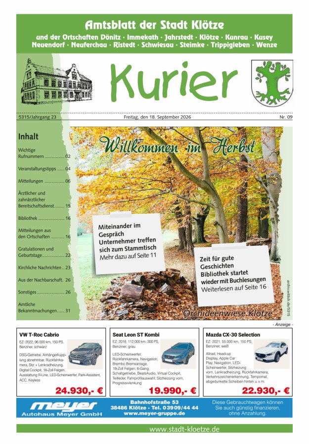Stadt Klötze Kurier Titelblatt 09/2026
