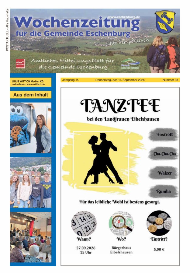 Wochenzeitung für die Gemeinde Eschenburg Titelblatt 38/2026
