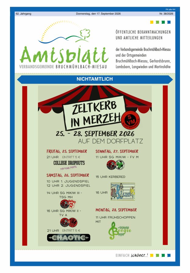 Amtsblatt der VG Bruchmühlbach-Miesau Titelblatt 38/2026