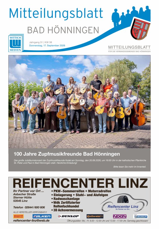 Mitteilungsblatt für den Bereich der Verbandsgemeinde Bad Hönningen Titelblatt 38/2026