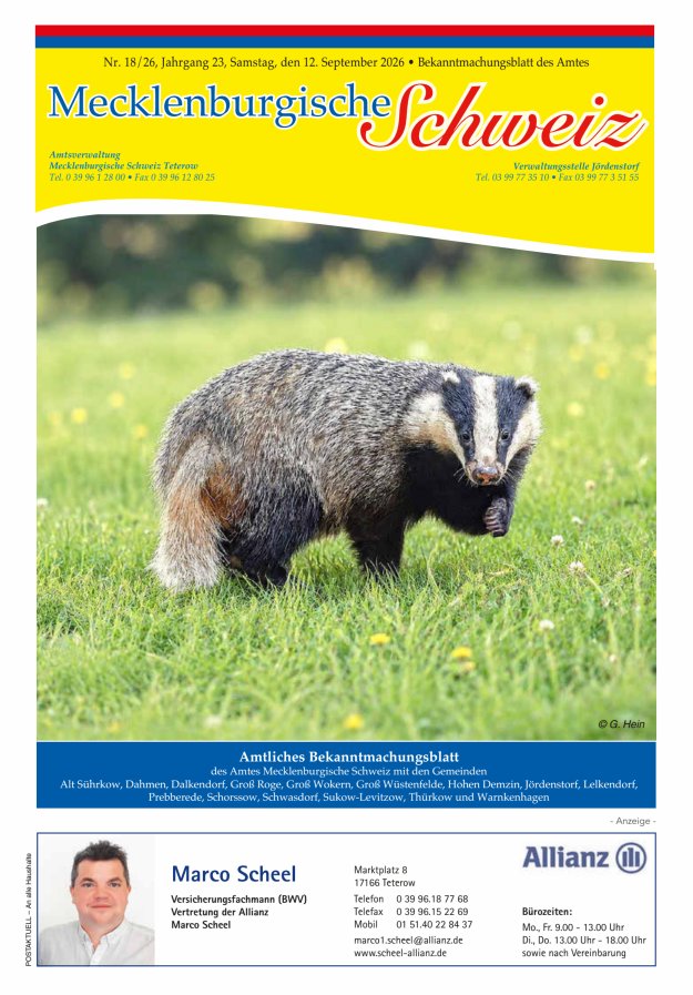 Bekanntmachungsblatt des Amtes Mecklenburgische Schweiz Titelblatt 18/2026