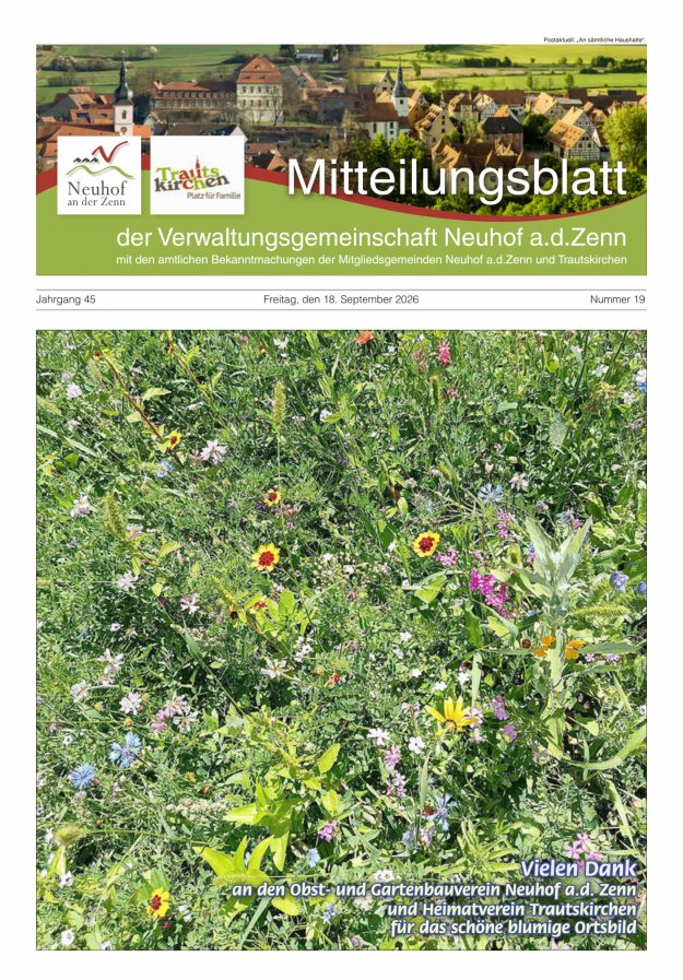 Mitteilungsblatt der Verwaltungsgemeinschaft Neuhof an der Zenn mit den amtlichen Bekanntmachungen der Mitgliedsgemeinden Neuhof an der Zenn und Trautskirchen Titelblatt 19/2026