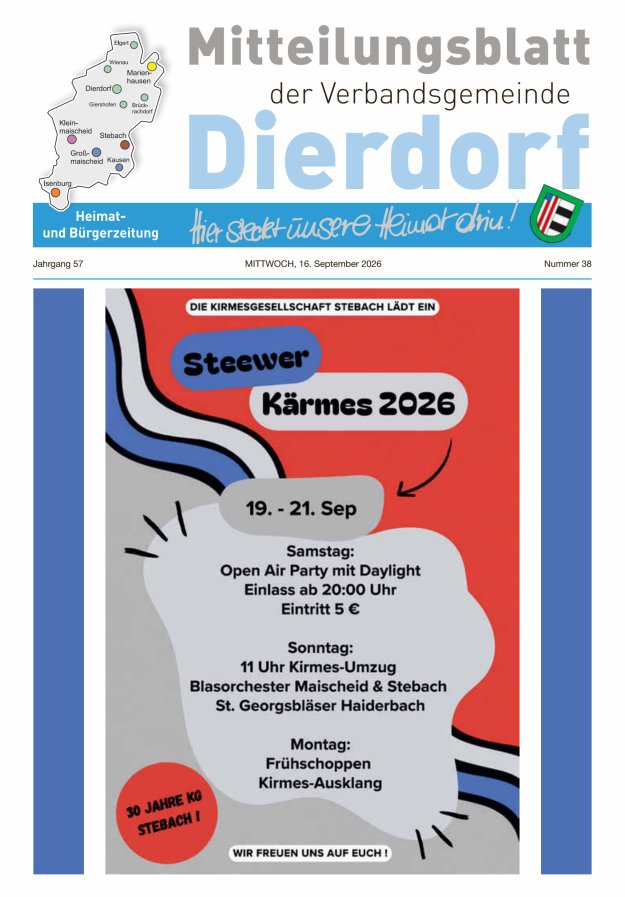 Mitteilungsblatt der Verbandsgemeinde Dierdorf Titelblatt 38/2026
