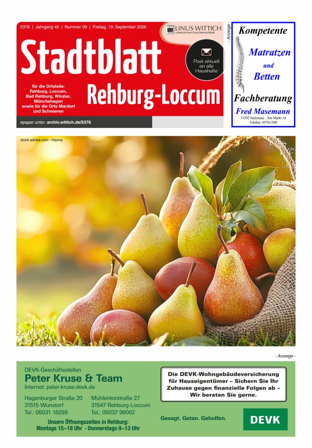 Stadtblatt Rehburg-Loccum Titelblatt 09/2026