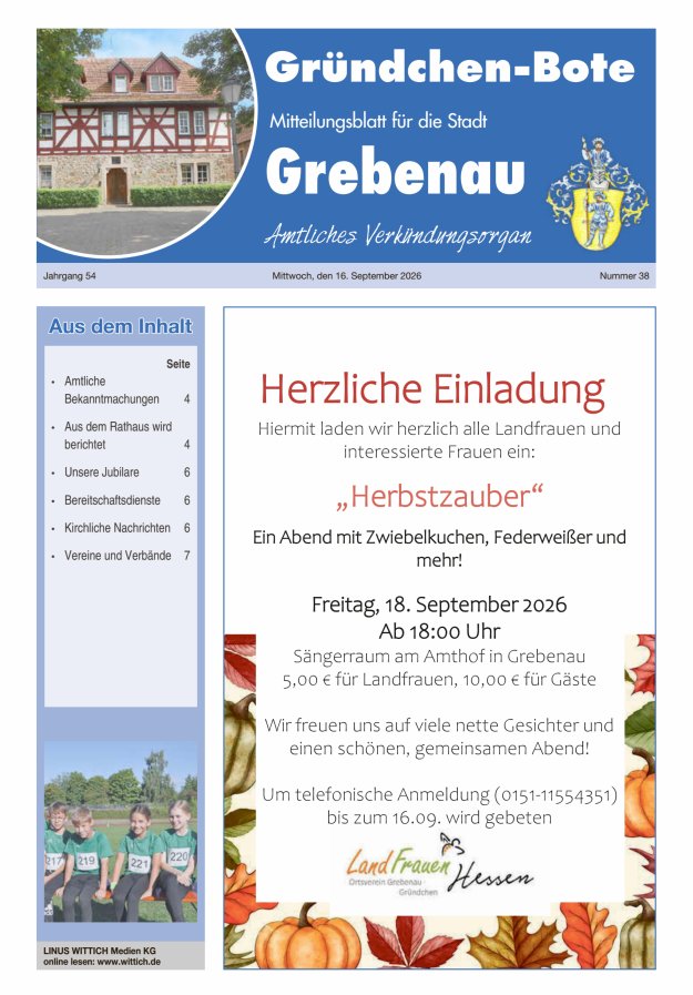 Grebenau - Gründchen Bote - Mitteilungsblatt für die Stadt Grebenau Titelblatt 38/2026