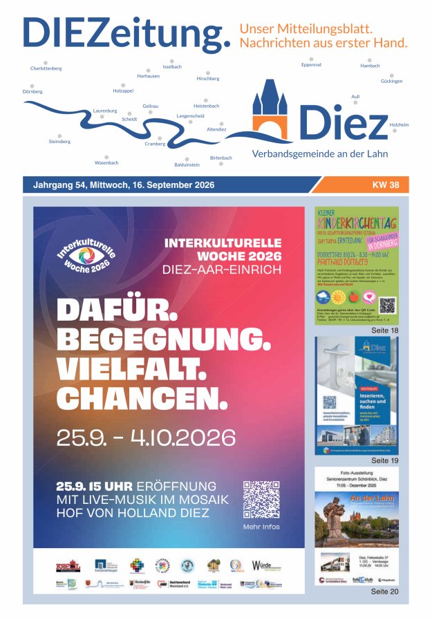 DIEZeitung - Mitteilungsblatt der Verbandsgemeinde Diez  Titelblatt 38/2026
