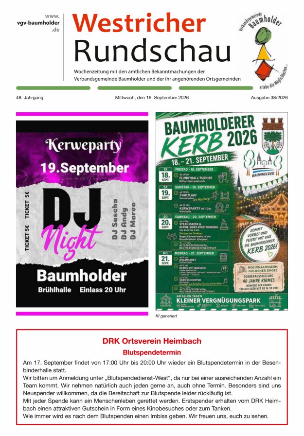 Westricher Rundschau VG Baumholder Titelblatt 38/2026