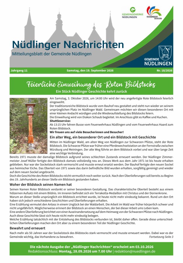 Nüdlinger Nachrichten Titelblatt 18/2026