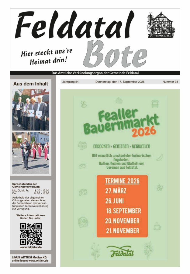 Das Amtliche Verkündungsorgan der Gemeinde Feldatal Titelblatt 38/2026