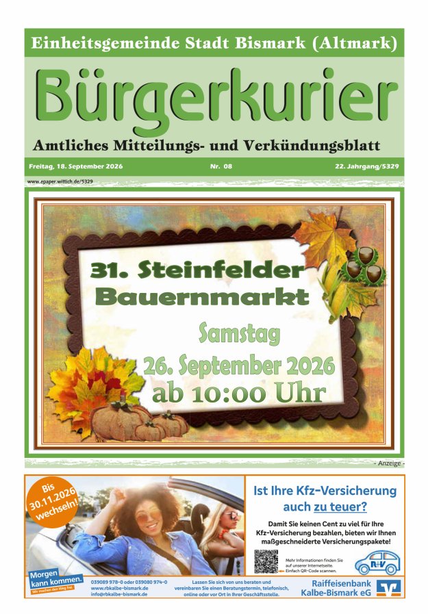 Bürgerkurier der Einheitsgemeinde Stadt Bismark (Altmark) Titelblatt 08/2026