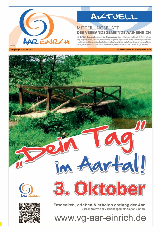 Mitteilungsblatt der Verbandsgemeinde Aar-Einrich Ausgabe Hahnstätten Titelblatt 38/2026