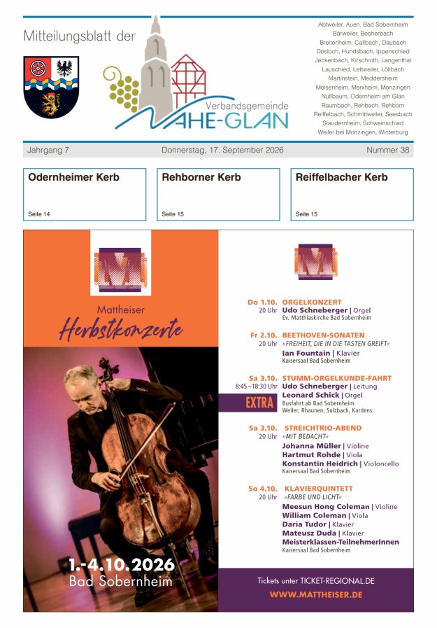 Mitteilungsblatt für die Verbandsgemeinde Nahe-Glan Titelblatt 38/2026