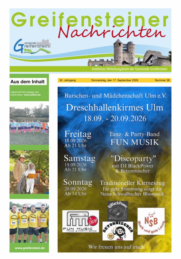 Mitteilungsblatt der Gemeinde Greifenstein Titelblatt 38/2026