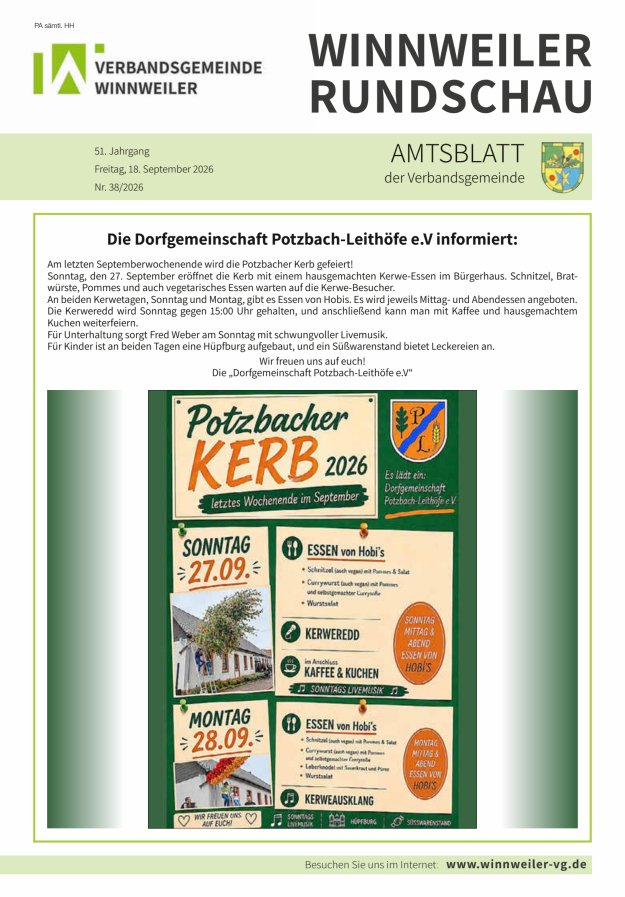 Winnweiler Rundschau Titelblatt 38/2026