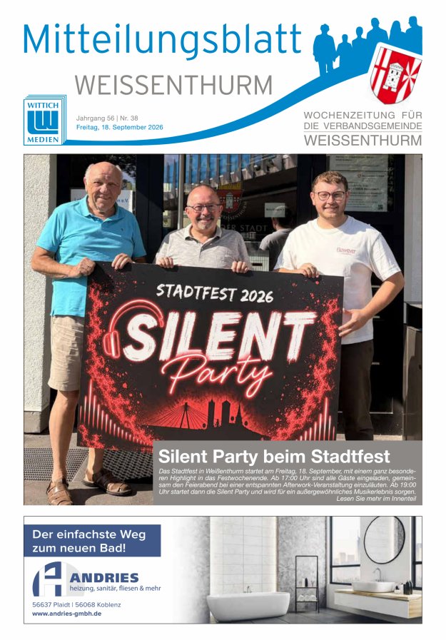 Mitteilungsblatt für den Bereich der Verbandsgemeinde Weißenthurm Titelblatt 38/2026