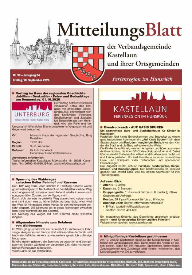 Mitteilungsblatt Kastellaun Titelblatt 38/2026