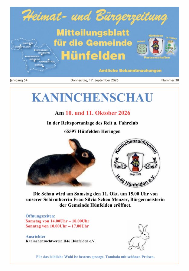 Mitteilungsblatt für die Gemeinde Hünfelden Titelblatt 38/2026