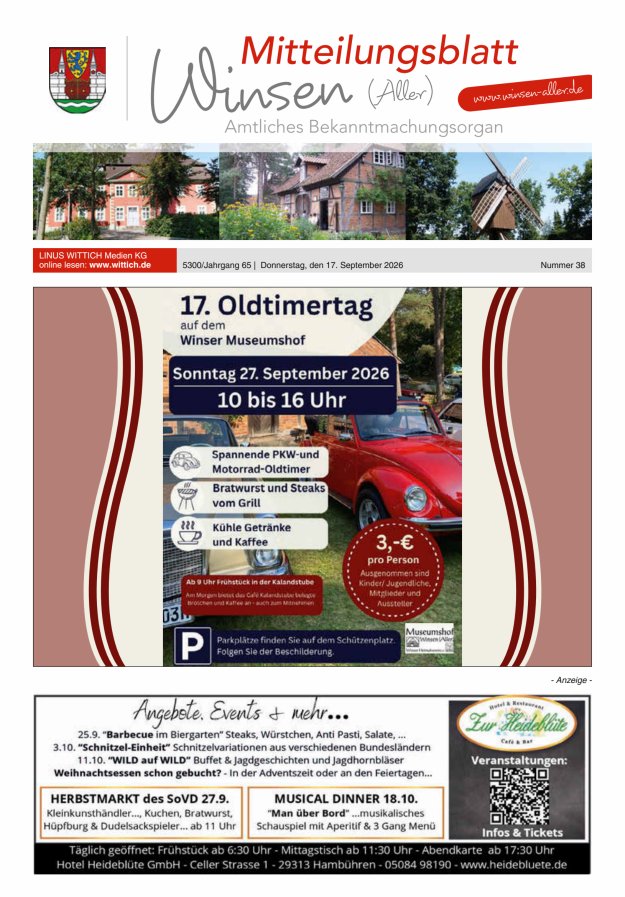 Mitteilungsblatt der Gemeinde Winsen Titelblatt 38/2026