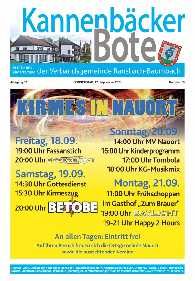 Kannenbäcker-Bote der Verbandsgemeinde Ransbach-Baumbach Titelblatt 38/2026