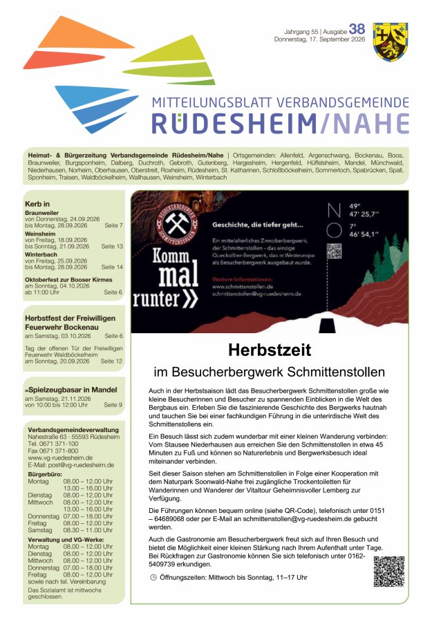 Mitteilungsblatt Verbandsgemeinde Rüdesheim und zugehörige Ortsgemeinden Titelblatt 38/2026