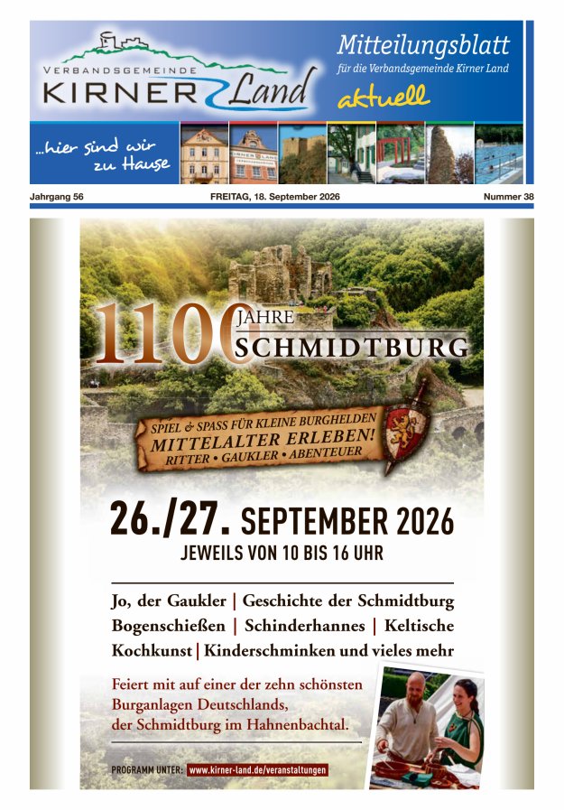 Mitteilungsblatt für den Bereich der Verbandsgemeinde Kirner Land Titelblatt 38/2026