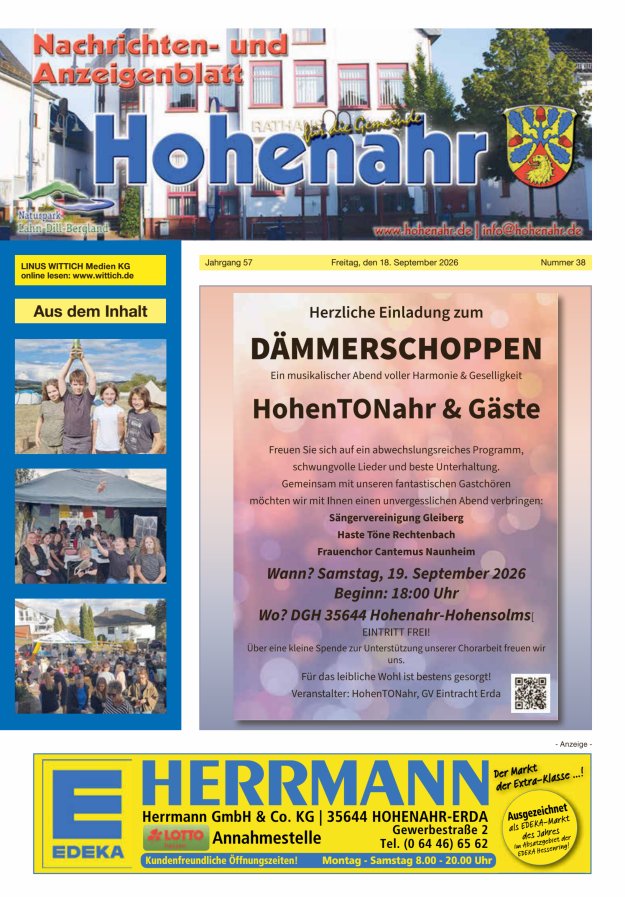 Nachrichten- und Anzeigenblatt für die Gemeinde Hohenahr Titelblatt 38/2026