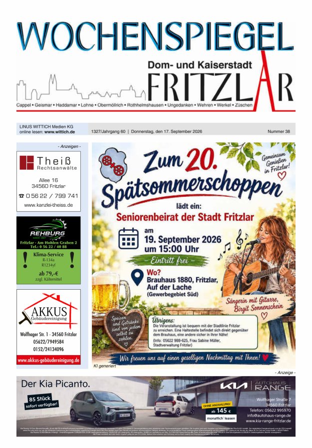 Wochenspiegel Dom- und Kaiserstadt Fritzlar Titelblatt 38/2026