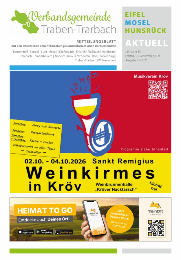 Eifel-Mosel-Hunsrück aktuell VG Traben-Trarbach Titelblatt 38/2026