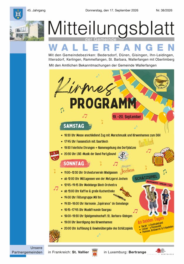 Mitteilungsblatt Gemeinde Wallerfangen Titelblatt 38/2026