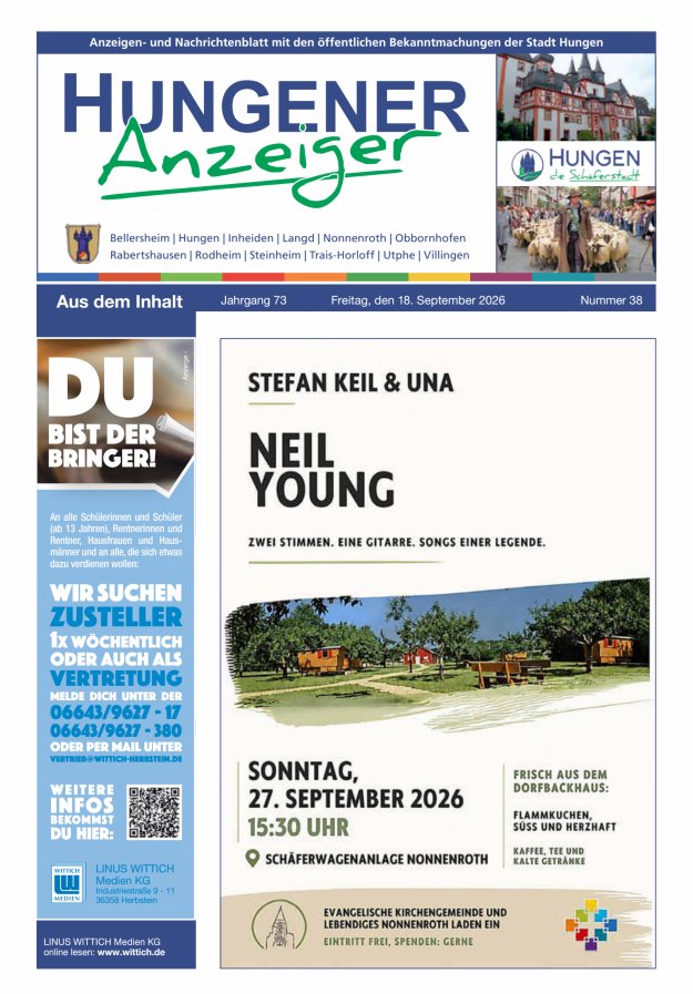 Anzeigen- und Nachrichtenblatt mit den öff  Bekanntmachungen der Stadt Hungen Titelblatt 38/2026