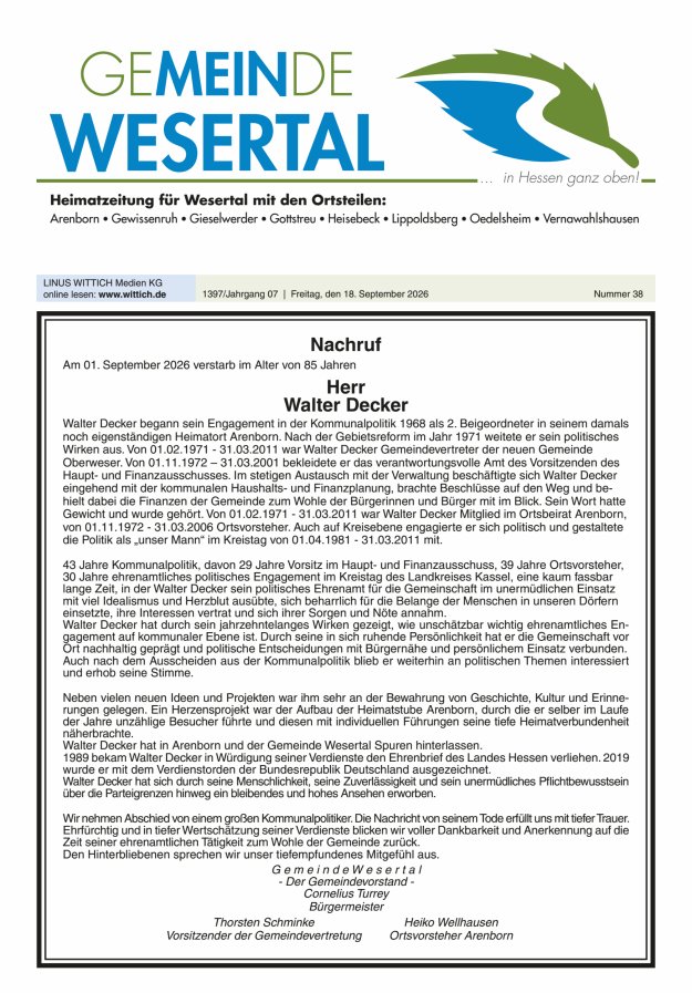 Wesertal Titelblatt 38/2026