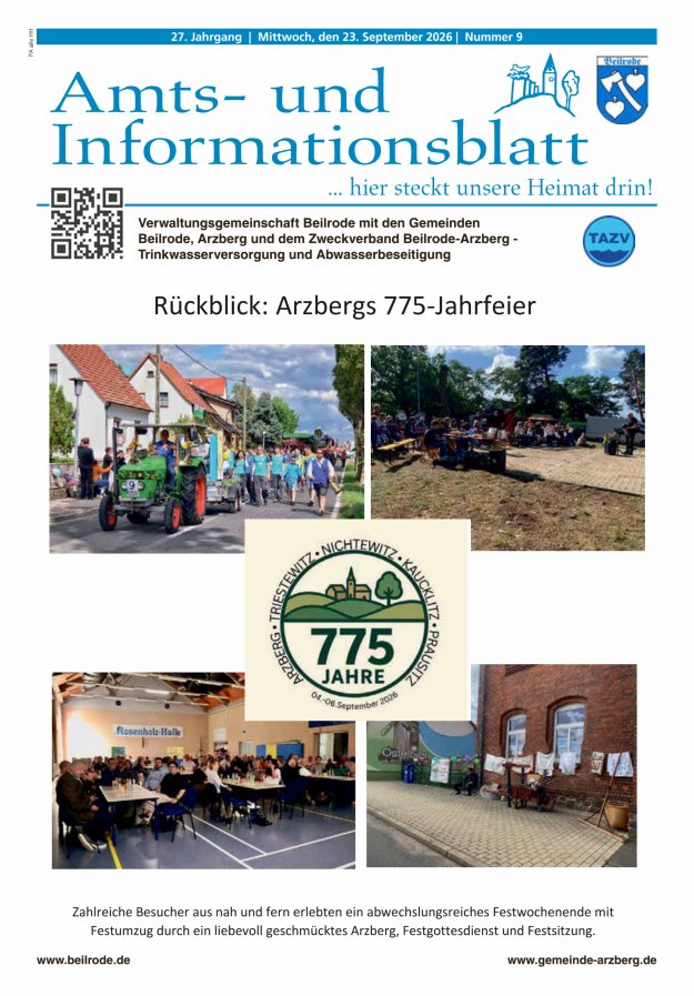 Amts- und Informationsblatt der Verwaltungsgemeinschaft Beilrode Titelblatt 09/2026