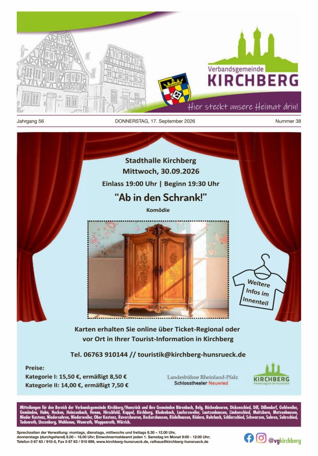 Mitteilungen der Verbandsgemeinde Kirchberg Hunsrück Titelblatt 38/2026