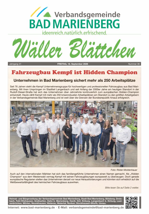 Wäller Blättchen - Verbandsgemeinde Bad Marienberg Titelblatt 38/2026