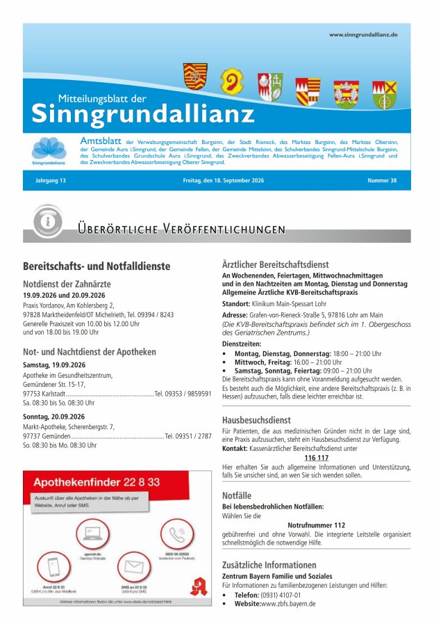 Mitteilungsblatt der Sinngrundallianz Titelblatt 38/2026