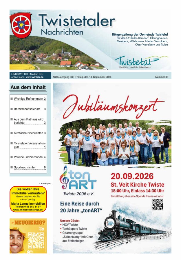 Twistetaler Nachrichten Titelblatt 38/2026