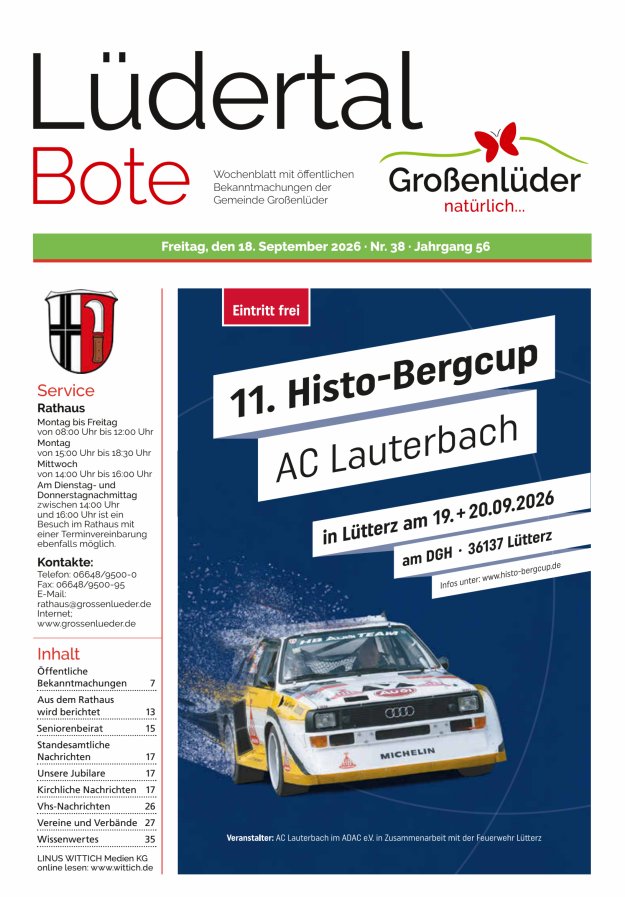 Wochenblatt mit öffentlichen Bekanntmachungen der Gemeinde Großenlüder Titelblatt 38/2026