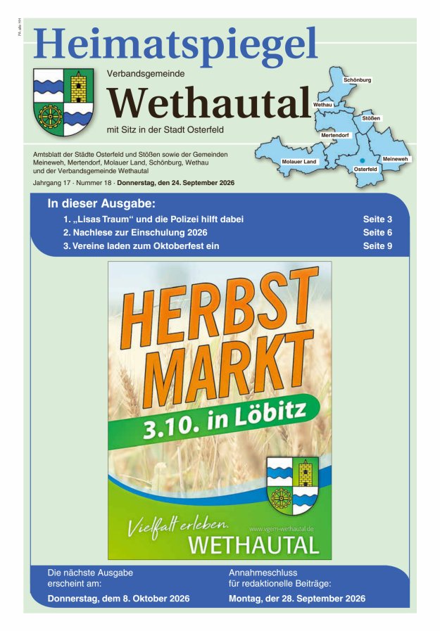 Heimatspiegel Verbandsgemeinde Wethautal mit Sitz in der Stadt Osterfeld Titelblatt 18/2026