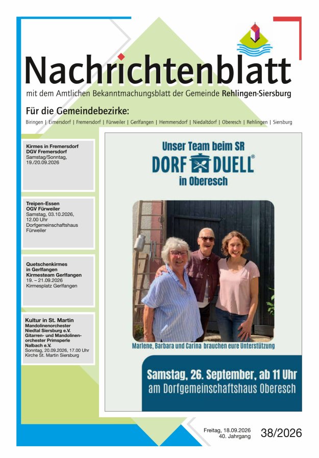 Nachrichtenblatt Rehlingen-Siersburg Titelblatt 38/2026