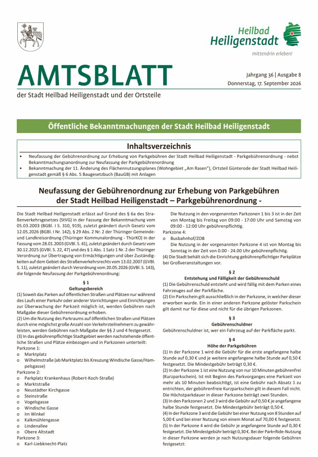 Amtsblatt der Stadt Heiligenstadt Titelblatt 08/2026