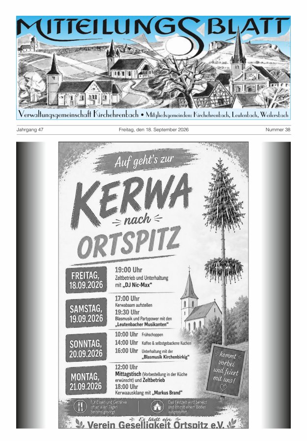 Mitteilungsblatt Verwaltungsgemeinschaft Kirchehrenbach Titelblatt 38/2026