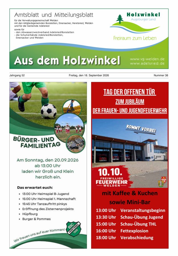 Aus dem Holzwinkel Amtsblatt u Mitteilungsblatt f VG Welden u GemAdelsried Titelblatt 38/2026